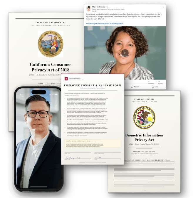 A collage of recruitment marketing compliance materials: California CCPA and Illinois BIPA legislation pages, an Employee Consent & Release Form, a LinkedIn-style recruiter post, and an iPhone displaying an employee video.